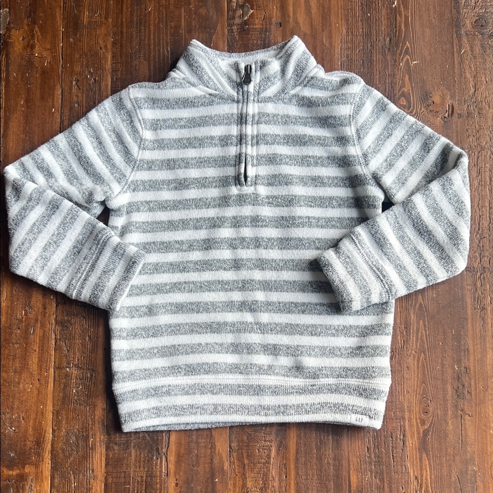 GAP Kid’s Gray and White Striped Zip-Up Sweater